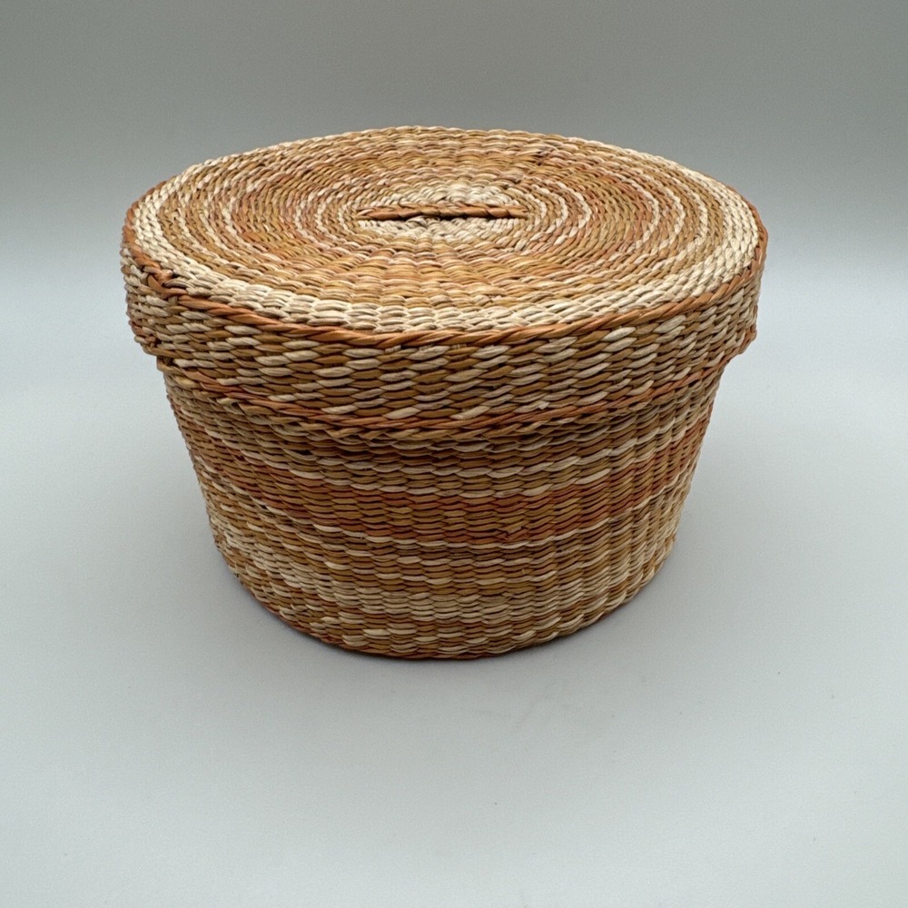 Vintage Lidded Basket Woven Wicker Storage Orange Natural Stripes‎ Small Boho